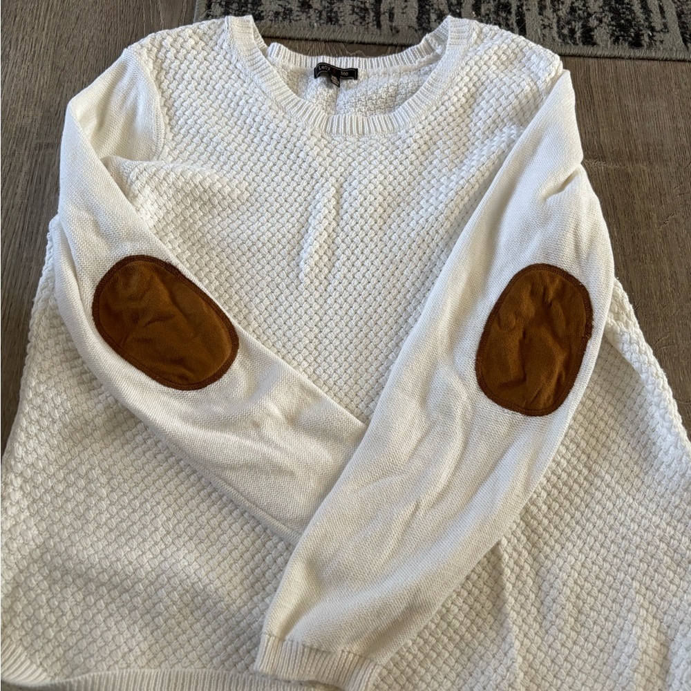 Chic White Sweater with Brown Elbow Patches